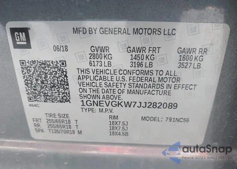 2018 Chevrolet Traverse 1Lt from USA, damaged, VIN 1GNEVGKW7JJ282089